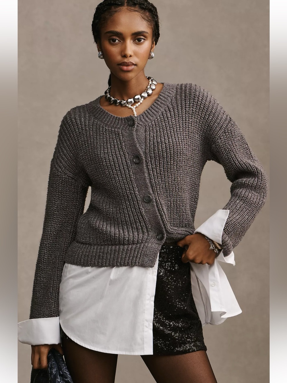 Anthropologie Layered Twofer Sweater Button Front Gray White Medium